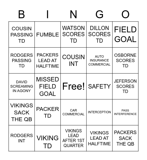 Packers v. Vikings Bingo Card