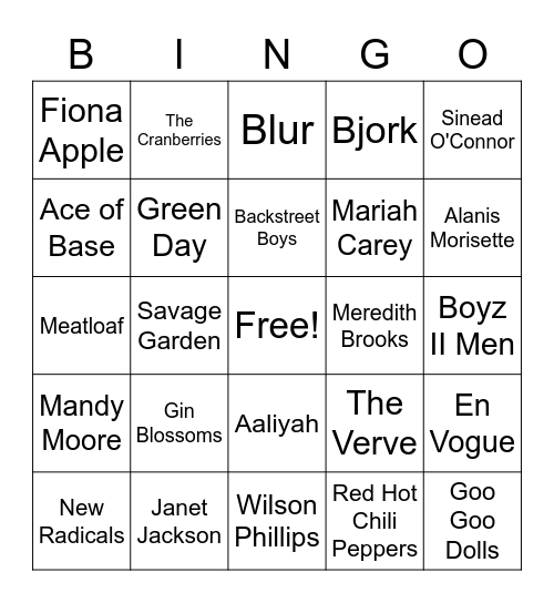90's Music Bingo Card