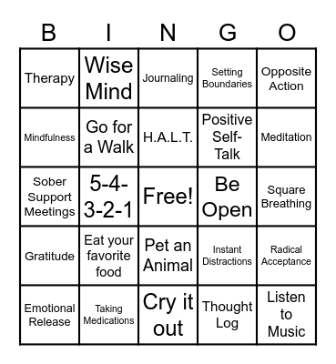 Coping Skills Bingo Card