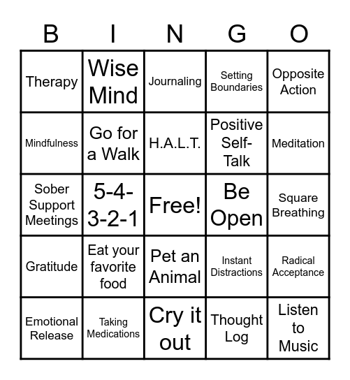 Coping Skills Bingo Card