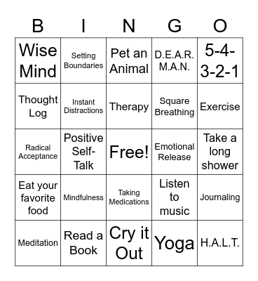 Coping Skills Bingo Card