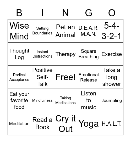 Coping Skills Bingo Card