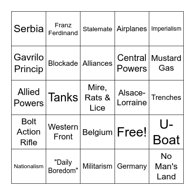 WWI: Beginning to US Entry Bingo Card