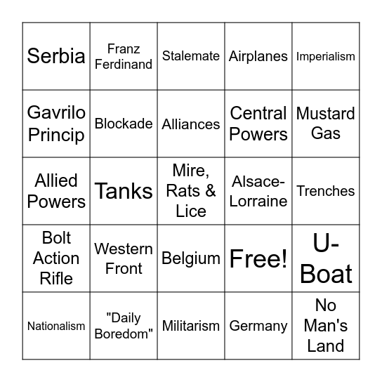 WWI: Beginning to US Entry Bingo Card