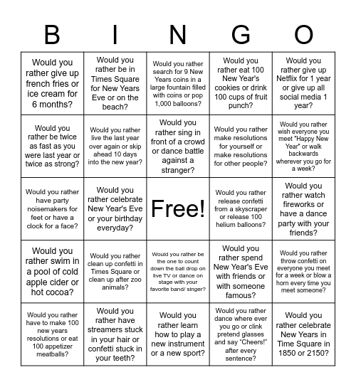 Bingo- New Year's Edition Bingo Card