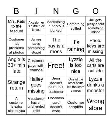 Walgreens Work Shift Bingo Card