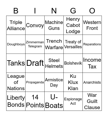 World War I - A Bingo Card