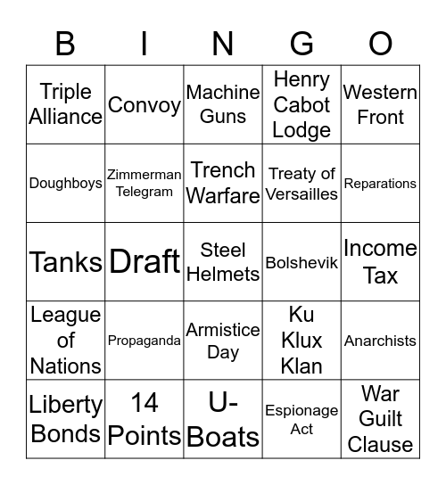 World War I - A Bingo Card