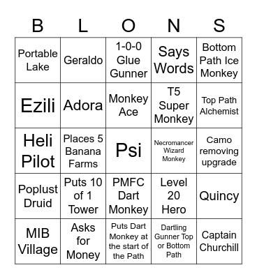 Bloons TD6 Bingo Card