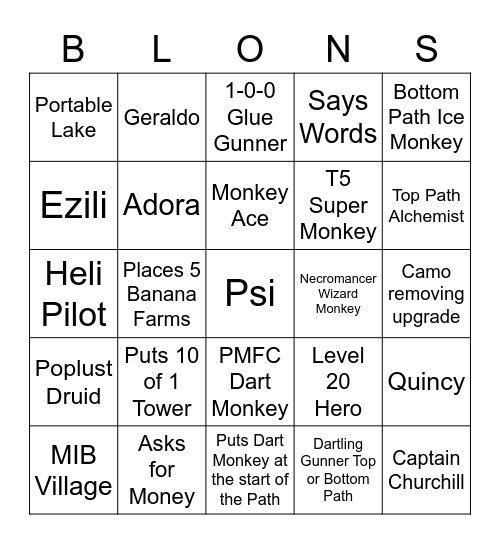 Bloons TD6 Bingo Card