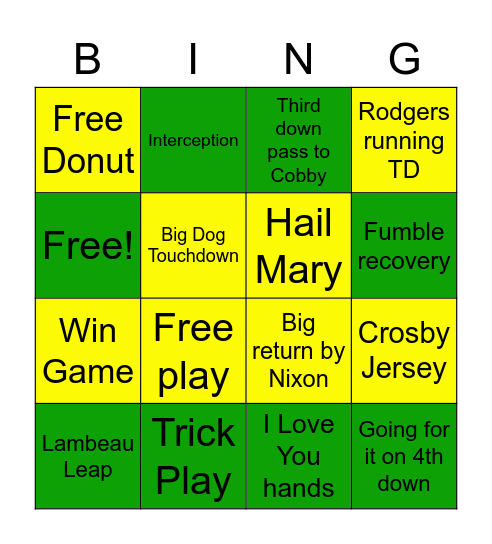 Packer Game Bingo Card