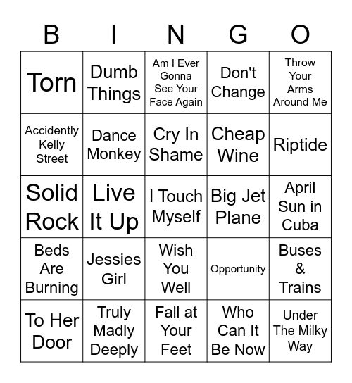 Aussie Rock Bingo Card
