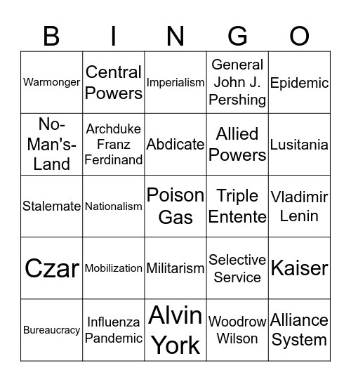 World War I - B Bingo Card