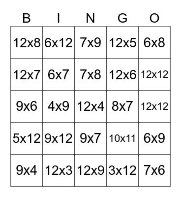 Jared’s Multiplication Bingo Card
