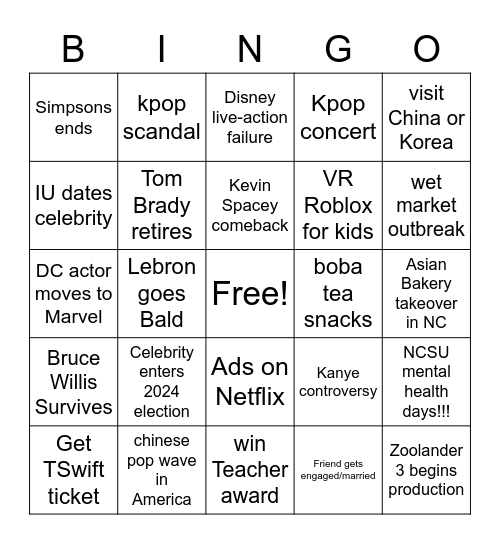 Tee's List Bingo Card