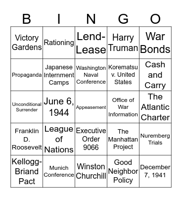 World War II Bingo Card