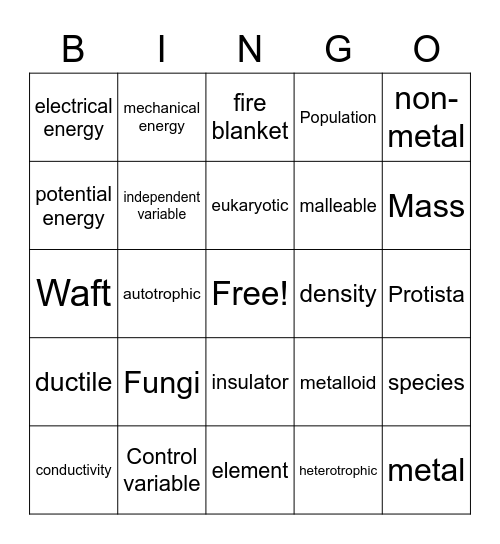 1st Semester Science Review Bingo Card