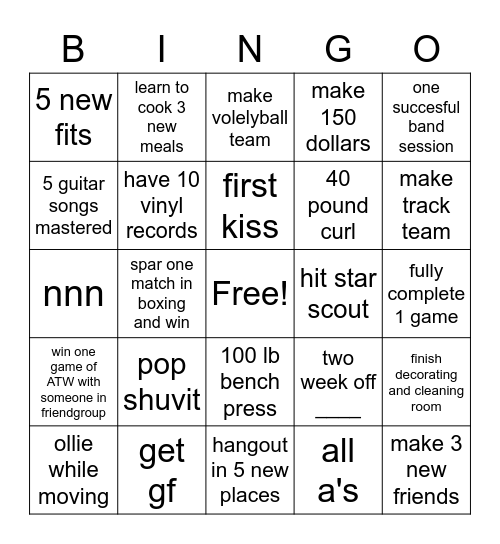 23 goalss Bingo Card