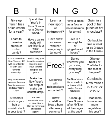 Bingo Would You Rather - New Year's edition Bingo Card