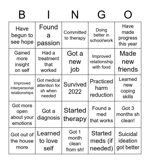 Recovery/Self Care Bingo Card