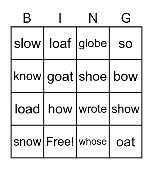 Long O Patterns Bingo Card