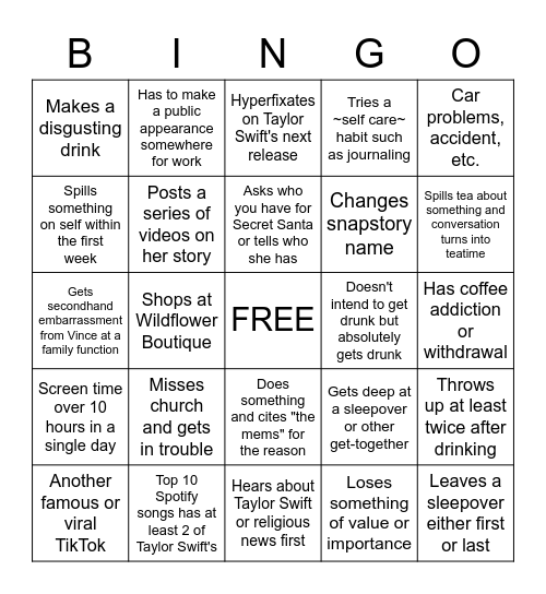 Sophie 2023 Bingo Card