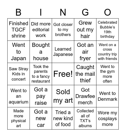 Tori’s 2023 Life Bingo Card