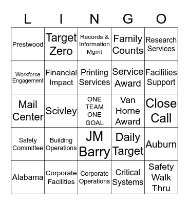 GENERAL SERVICES Bingo Card