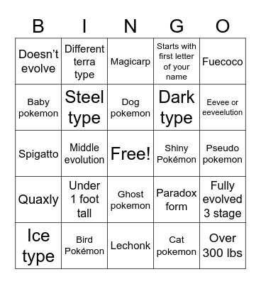 Pokémon Bingo Card