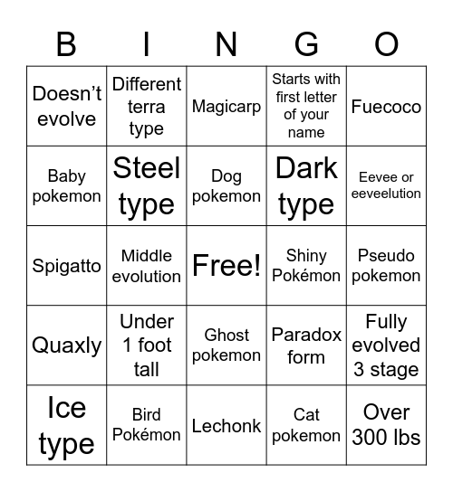 Pokémon Bingo Card