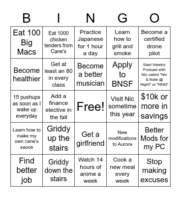 Big Nate's New Years Resolutions Bingo Card