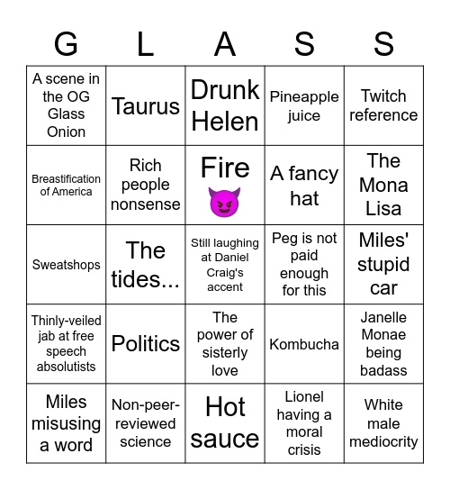 Glass Onion Bingo Card