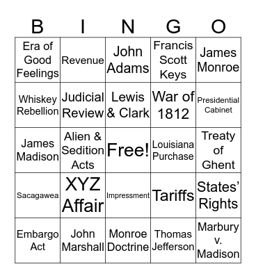 Early Republic Era Bingo Card