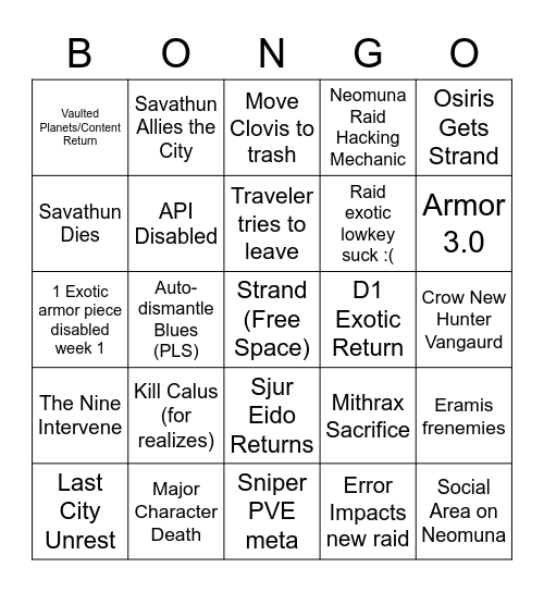Bongo Card Lightfall Bingo Card