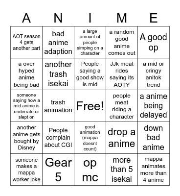anime 2023 bingo Card
