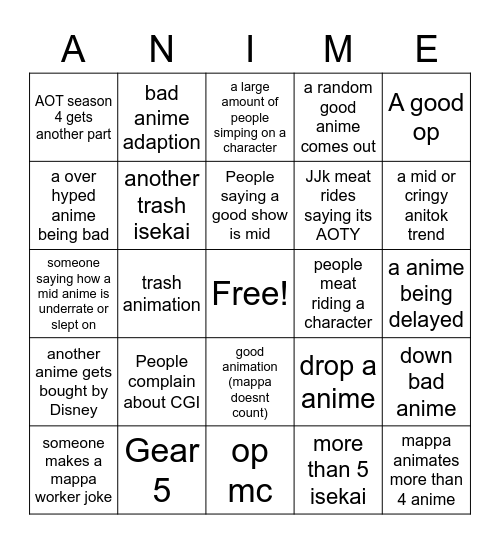 anime 2023 bingo Card