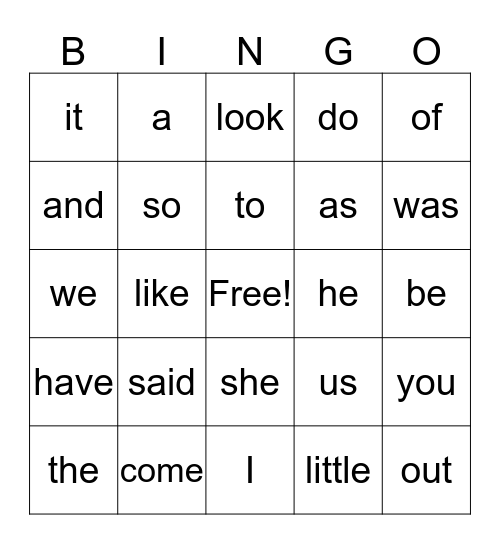 Aidan's Word Bingo Card