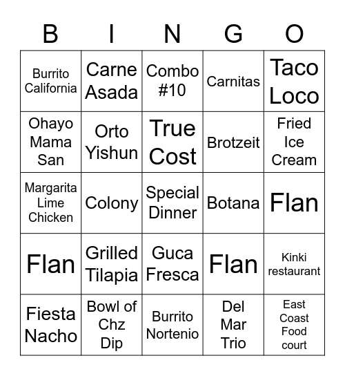 Restaurant Bingo Card