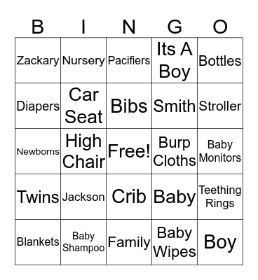 Twin Shower Bingo Card