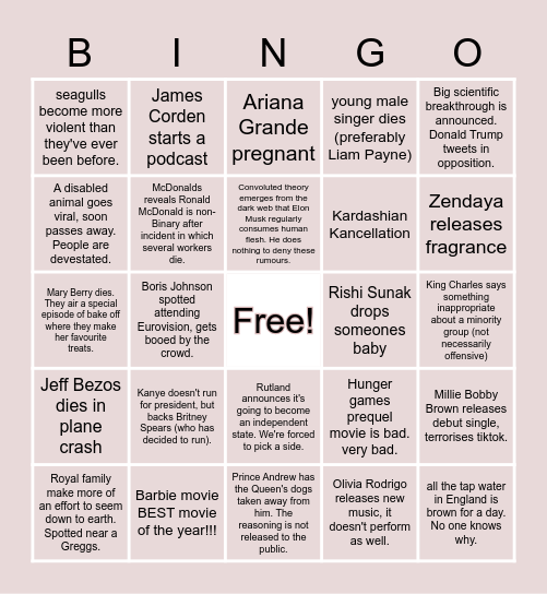 2023 Predictions Bingo Card