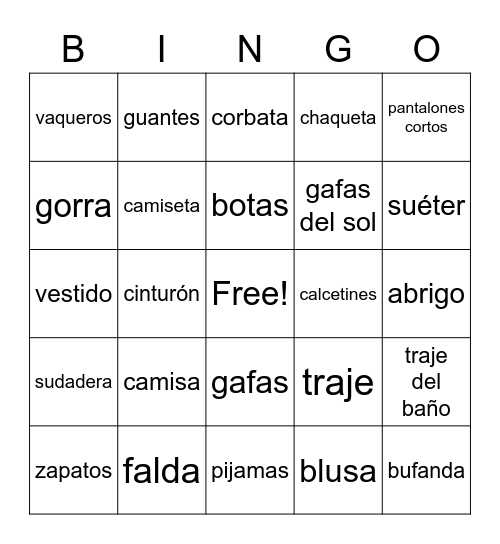 La Ropa Bingo Card