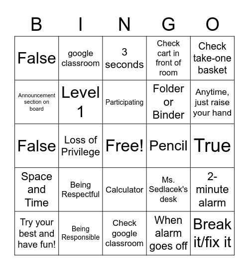 Math Class Expectations Review Bingo Card
