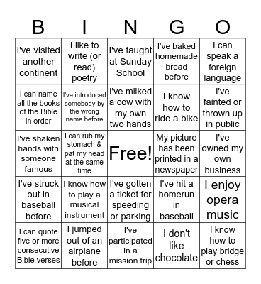 Life  Experiences Bingo Card