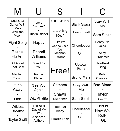 Pop Music Bingo Card