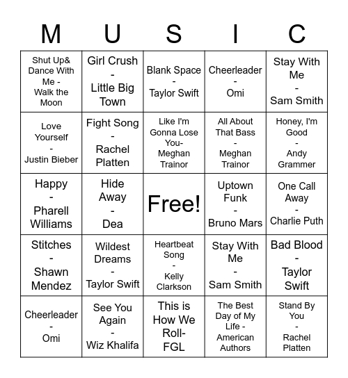 Pop Music Bingo Card