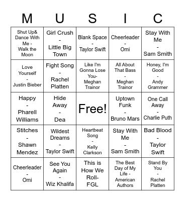 Pop Music Bingo Card