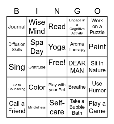 Coping Skills Bingo Card