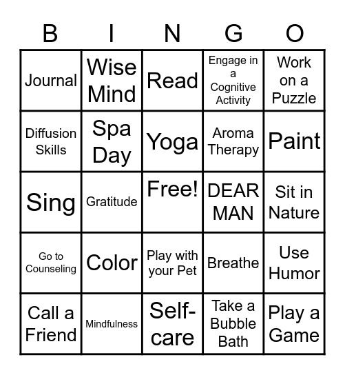 Coping Skills Bingo Card