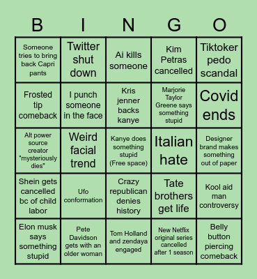 2023 Predictions Bingo Card