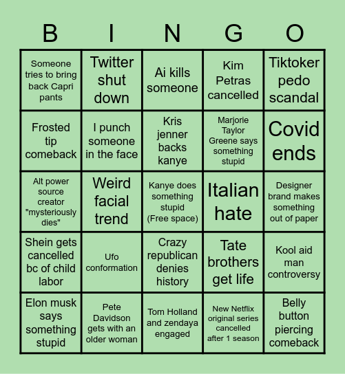 2023 Predictions Bingo Card